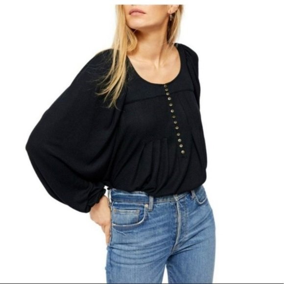 Free People Tops - Free People Devin Black Balloon Sleeve Henley Oversized Textured Knit Top